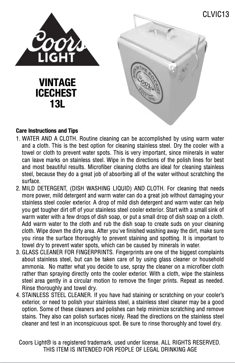 Page 1 de la notice Manuel utilisateur Coors Light CLVIC13