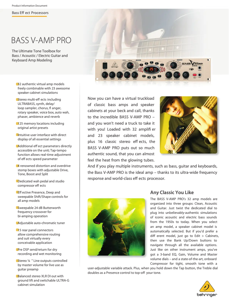 Page 1 de la notice Fiche technique Behringer Bass V-AMP Pro