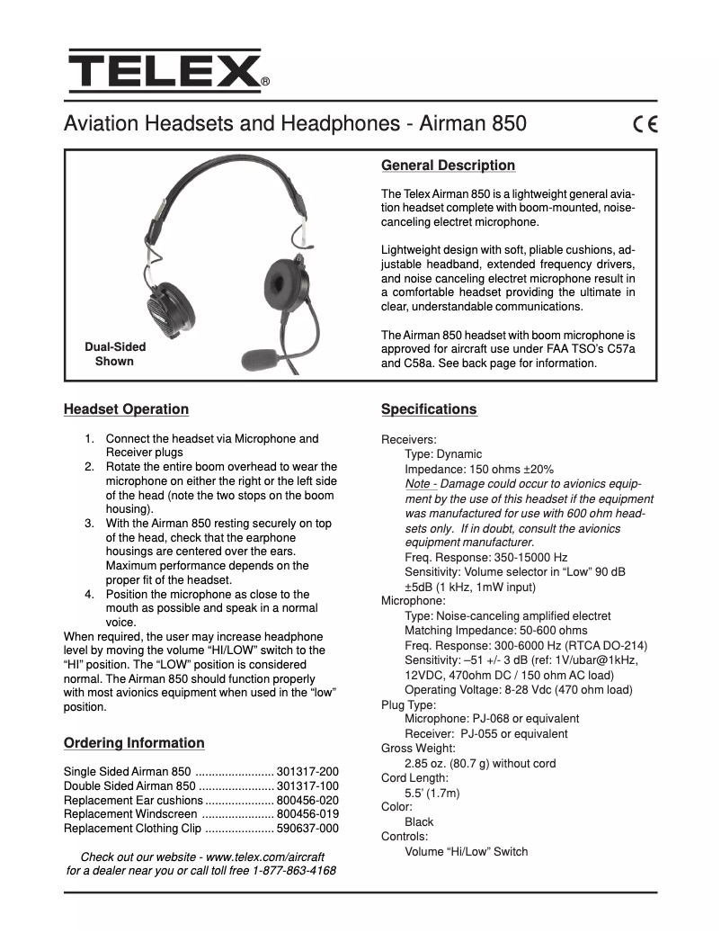 Page 1 de la notice Fiche technique Telex Airman 850