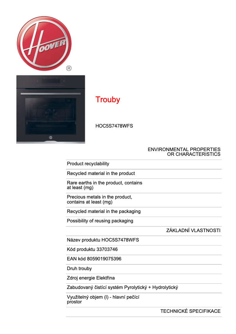 Página 1 del manual Ficha técnica Hoover HOC5S7478WFS