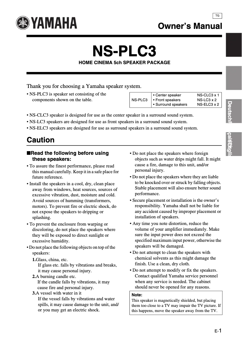 Page n°1 - Manuel utilisateur Yamaha NS-PLC3