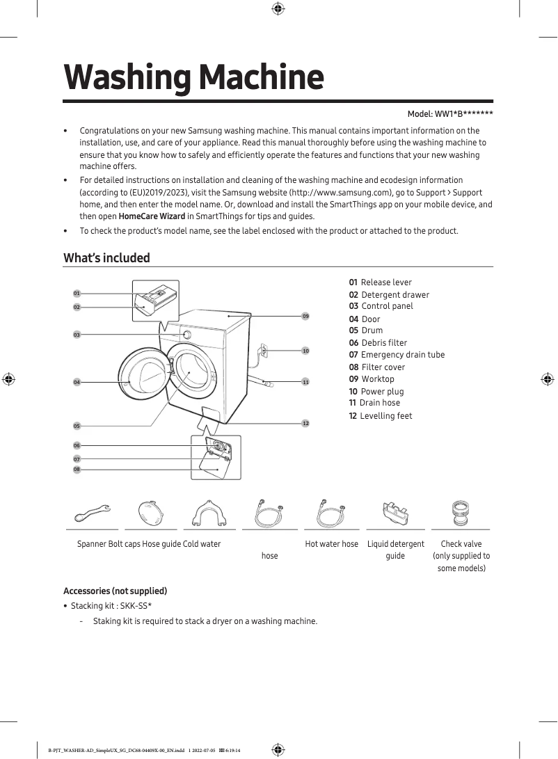 Page 1 de la notice Guide de démarrage rapide Samsung WW11BB944DGH