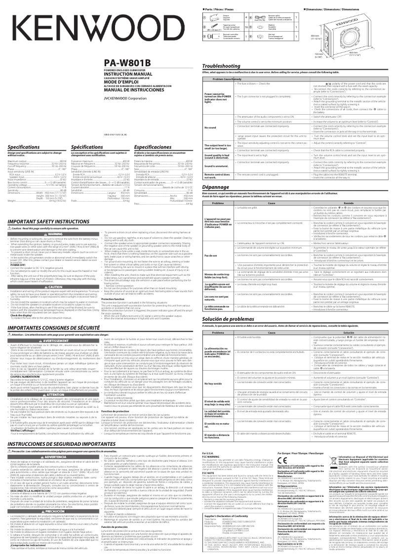 Page 1 de la notice Manuel utilisateur Kenwood PA-W801B