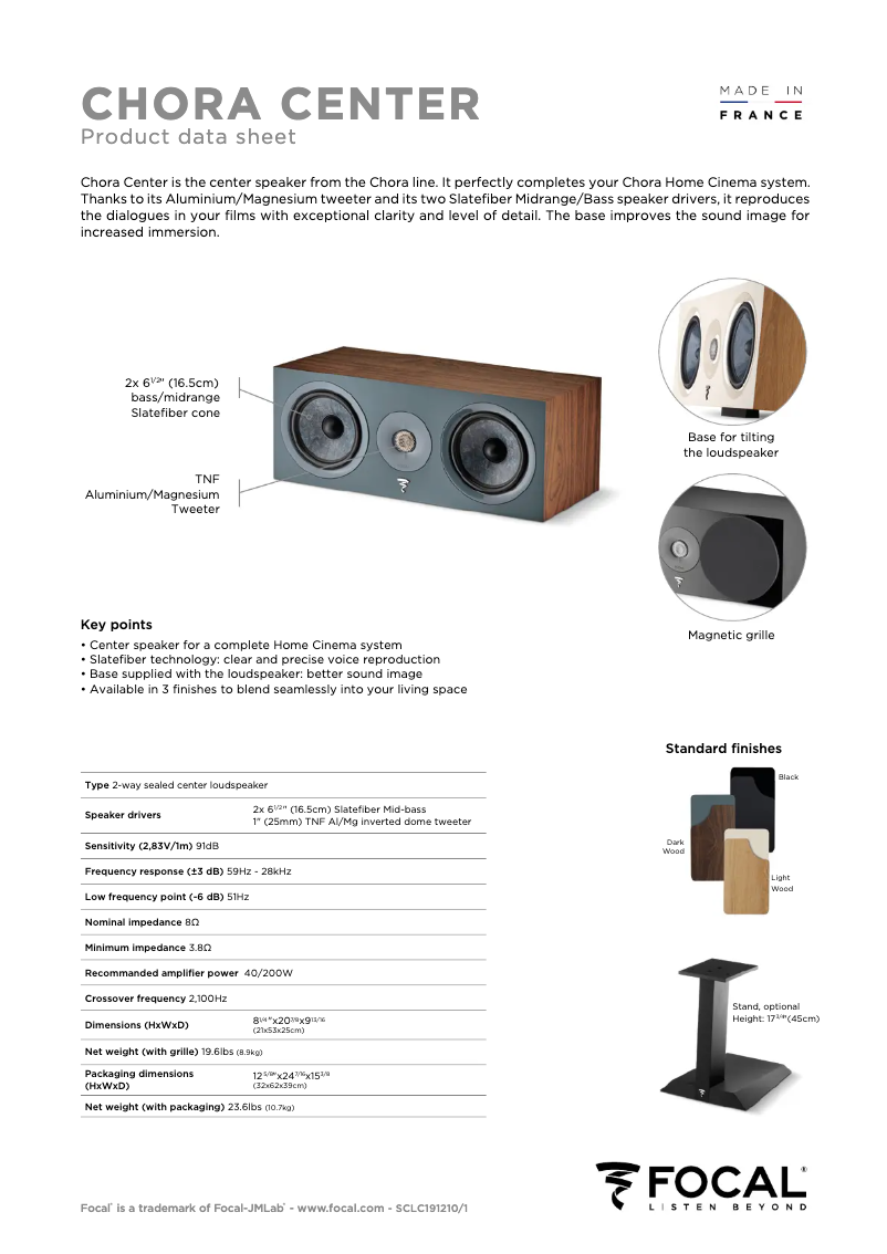 Page 1 de la notice Fiche technique Focal Chora Center
