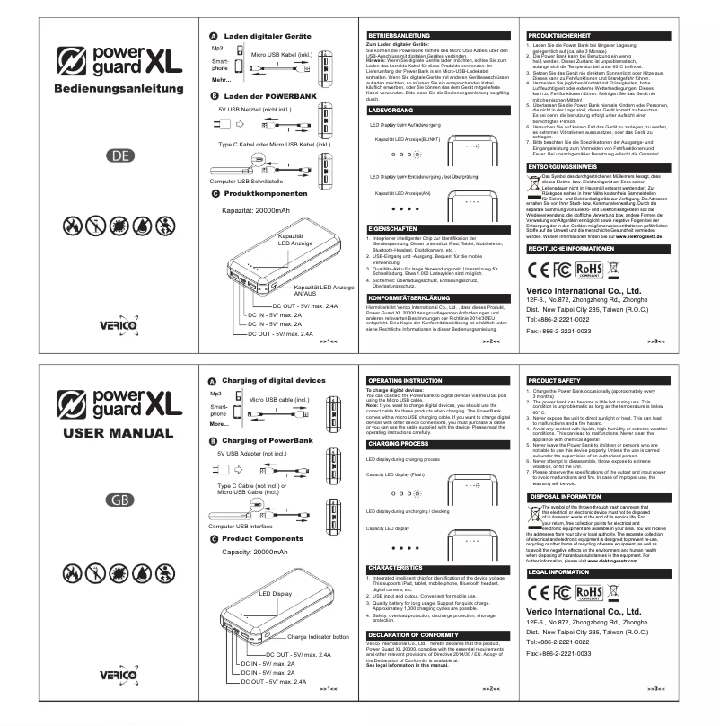 Page 1 de la notice Manuel utilisateur Verico Power Guard XL 20000