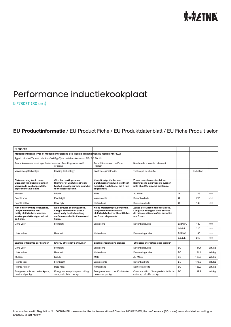 Page 1 de la notice Fiche technique Etna KIF780ZT