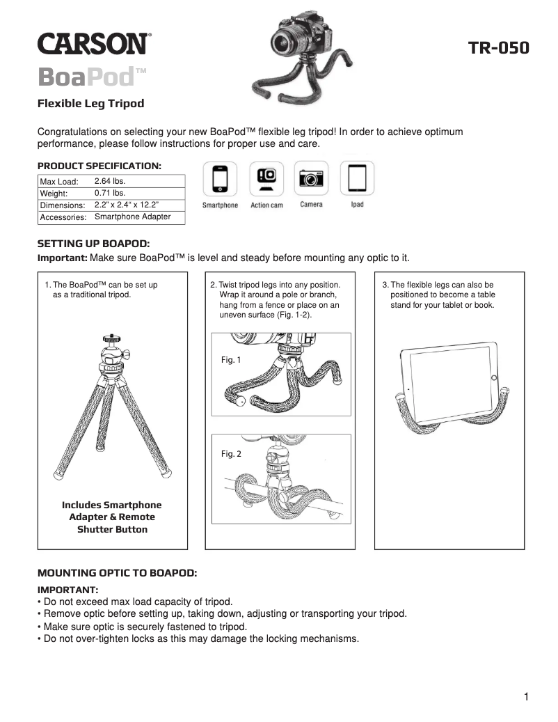 Page 1 de la notice Manuel utilisateur Carson BoaPod TR-050