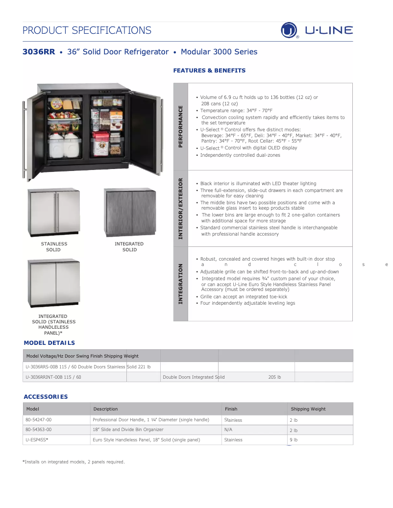 Page n°1 - Fiche technique U-Line U-3036RRS-00B