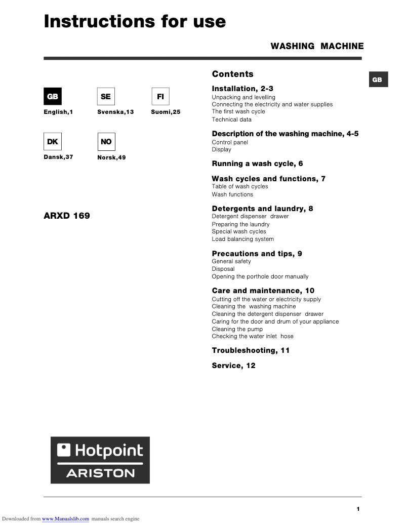 Image de la première page du manuel de l'appareil ARXD 169