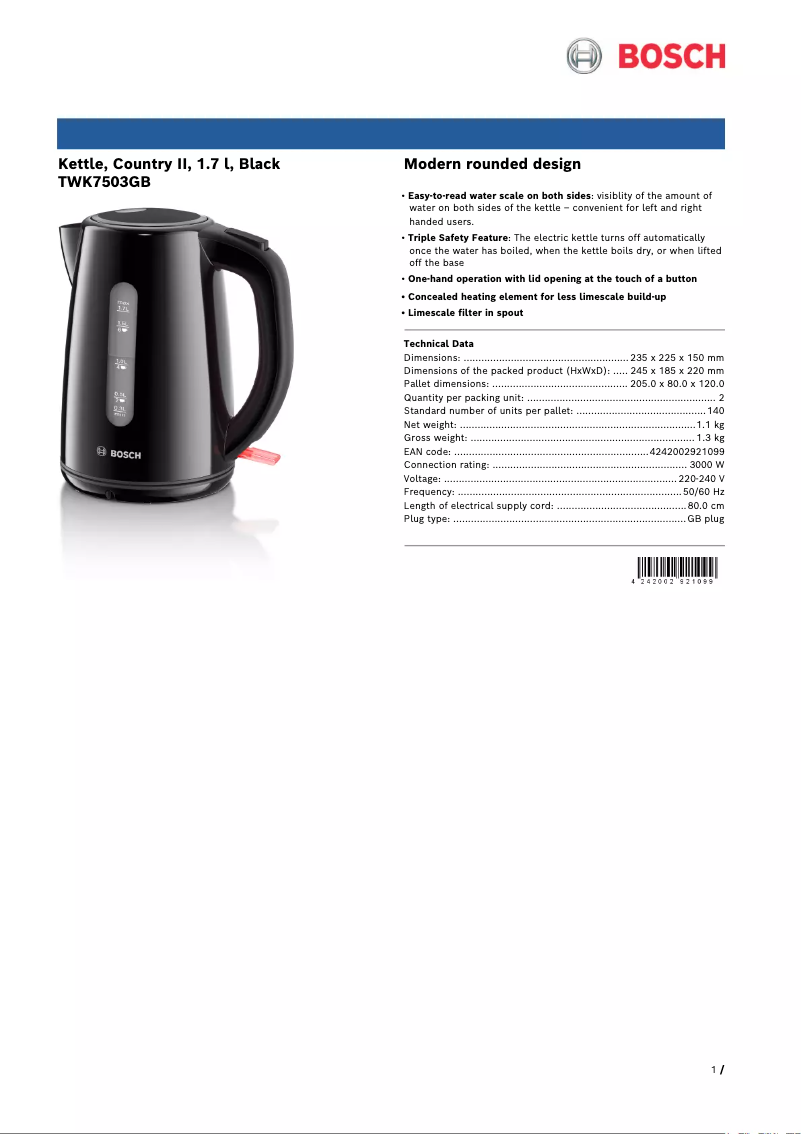 Página 1 del manual Ficha técnica Bosch TWK7503GB