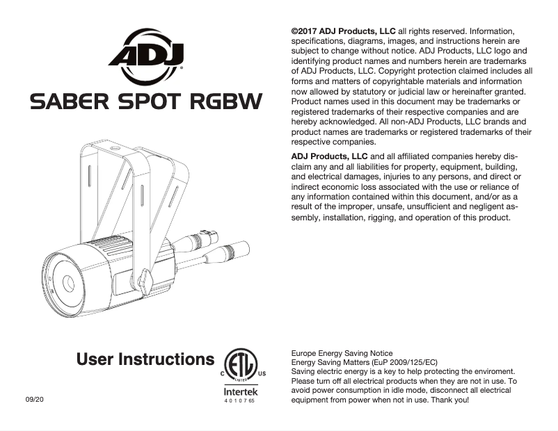 Page 1 of the manual User Manual Adj Saber Spot RGBW