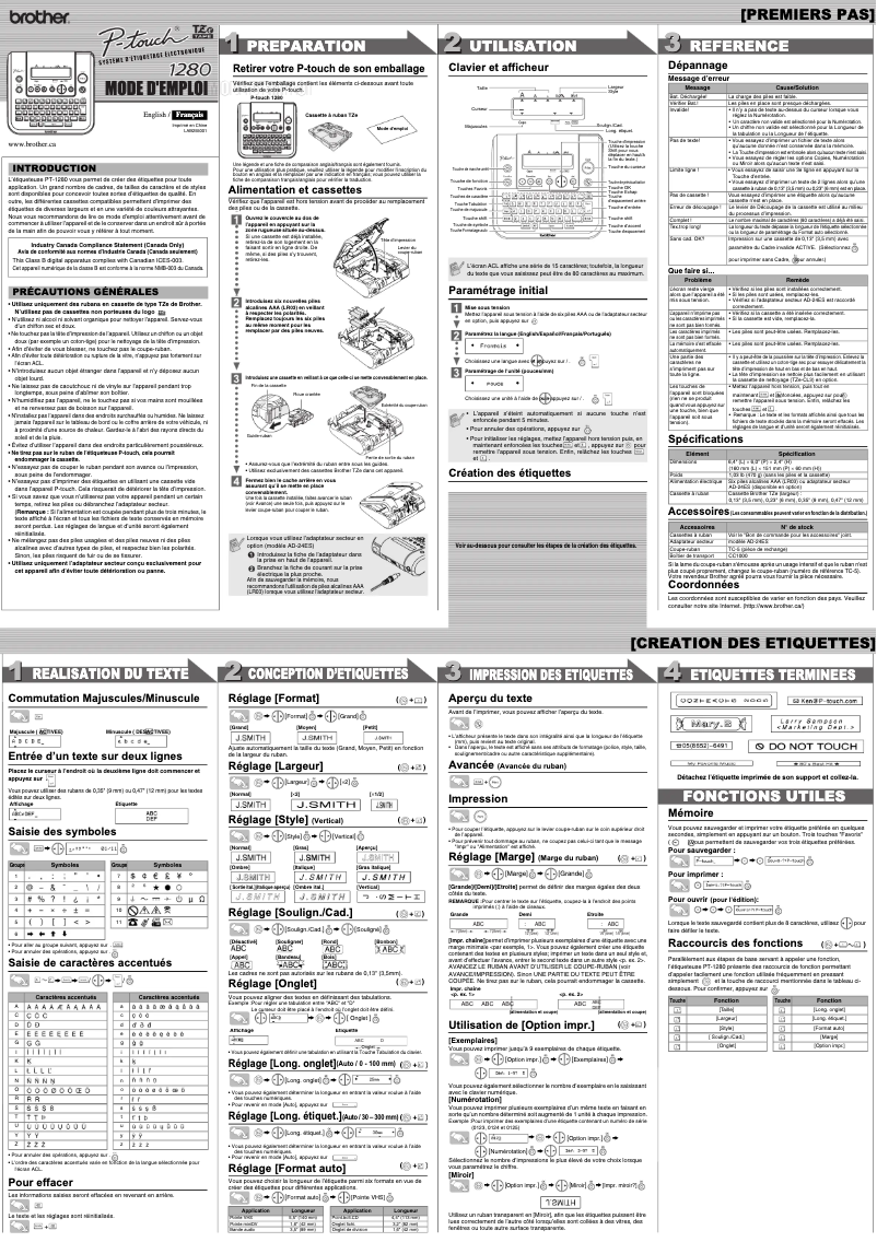 Page 1 de la notice Manuel utilisateur Brother P-touch PT-1280