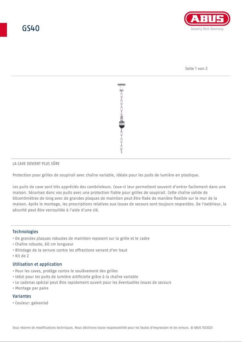 Page 1 de la notice Fiche technique Abus GS40