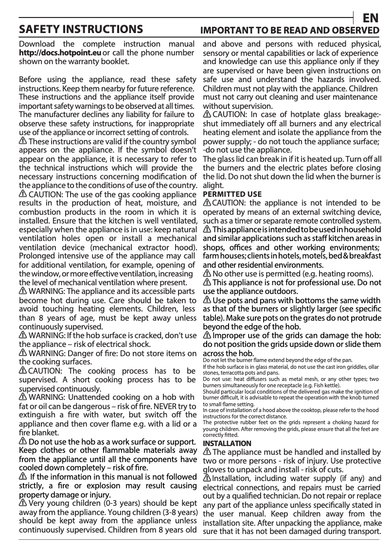 Page n°1 - Instructions / montage Hotpoint PCN 642 /H(BK)