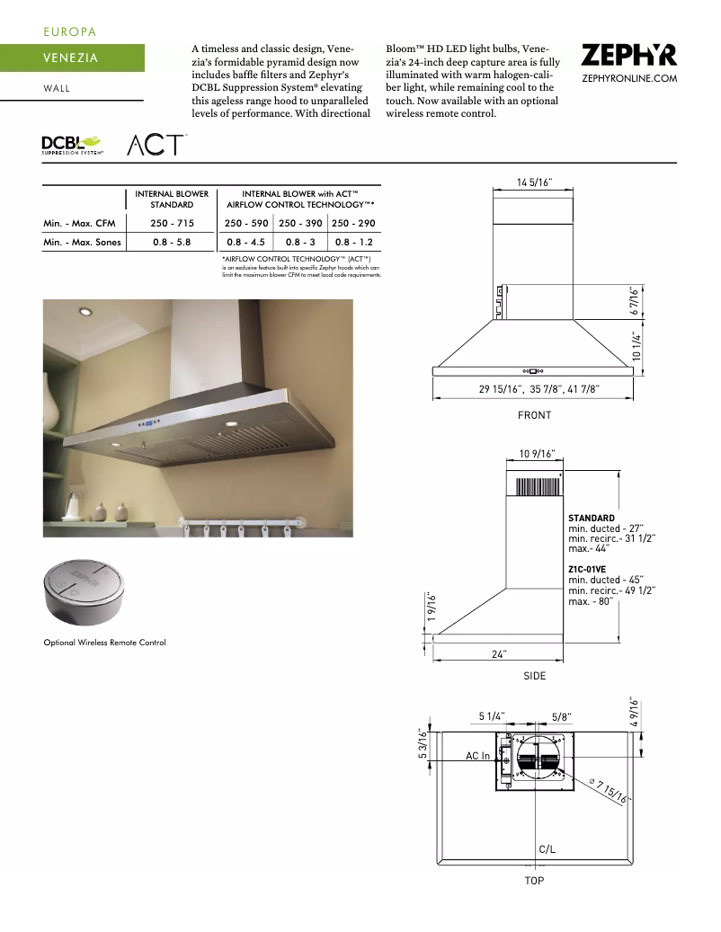 Page n°1 - Fiche technique Zephyr Venezia ZVE-E36CS