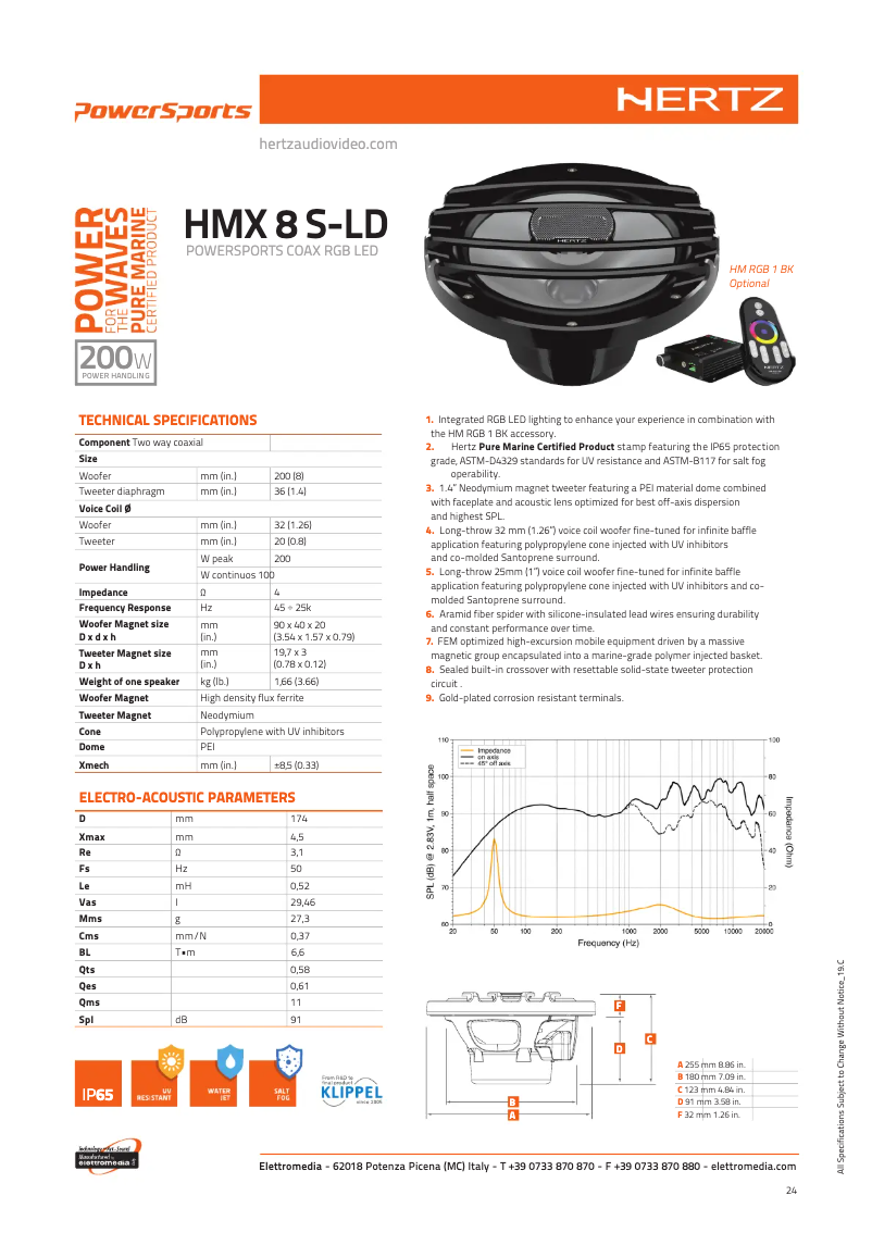 Page 1 de la notice Fiche technique Hertz Marine PowerSports HMX 8 S-LD