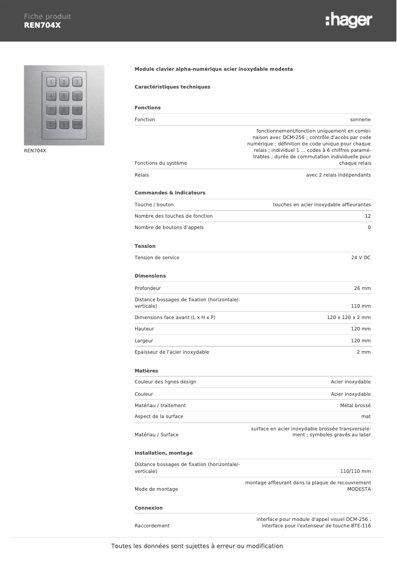 Page 1 of the manual Technical Sheet Elcom REN704X