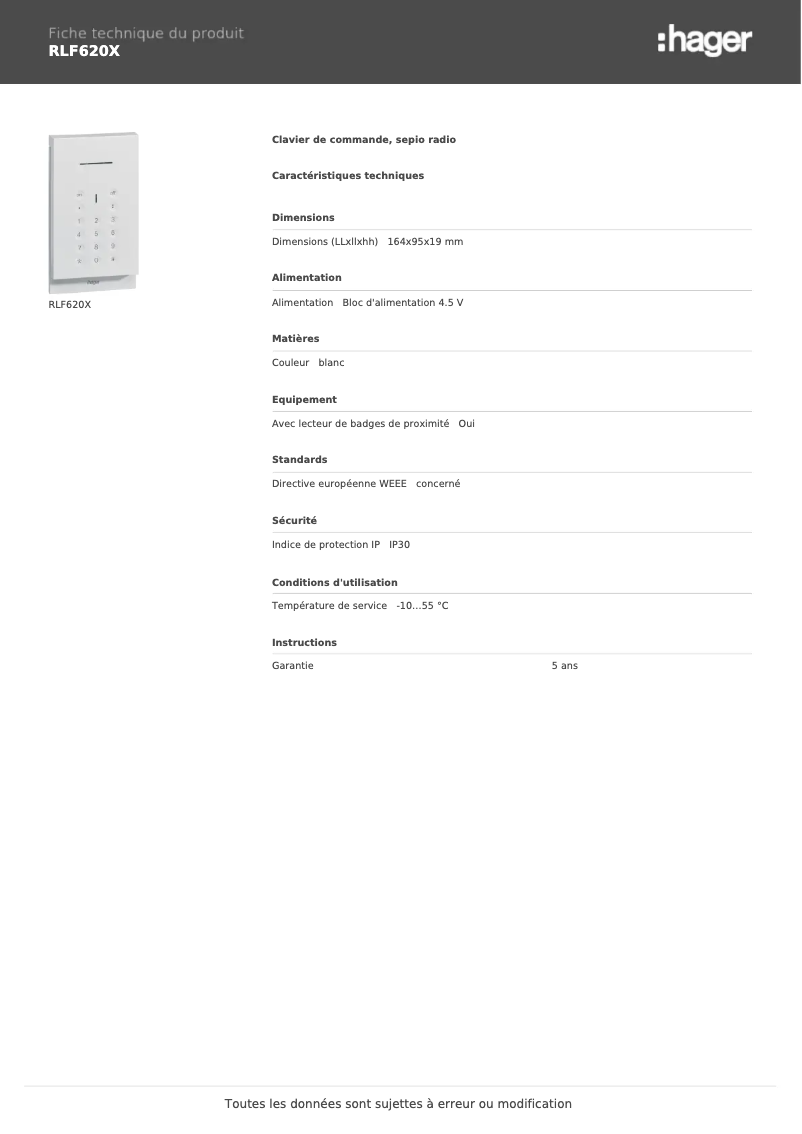 Page 1 de la notice Fiche technique Hager RLF620X