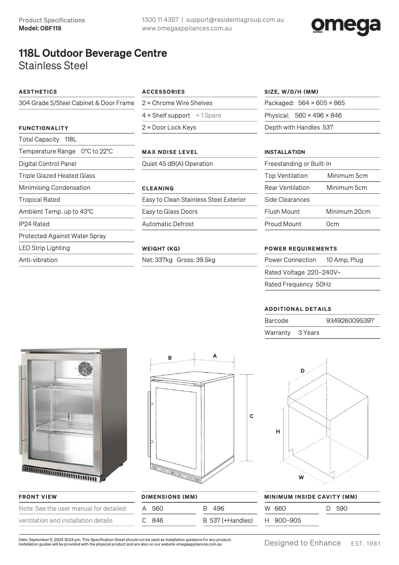 Page 1 de la notice Fiche technique Omega OBF118
