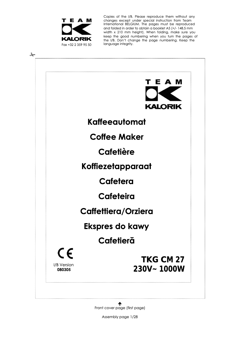 Page 1 de la notice Manuel utilisateur Kalorik TKG CM 27