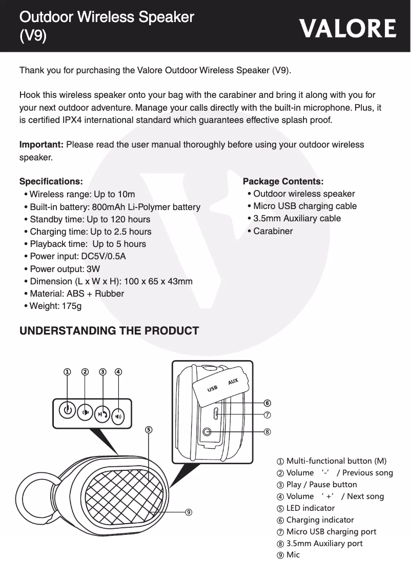 Page n°1 - Manuel utilisateur Valore V9