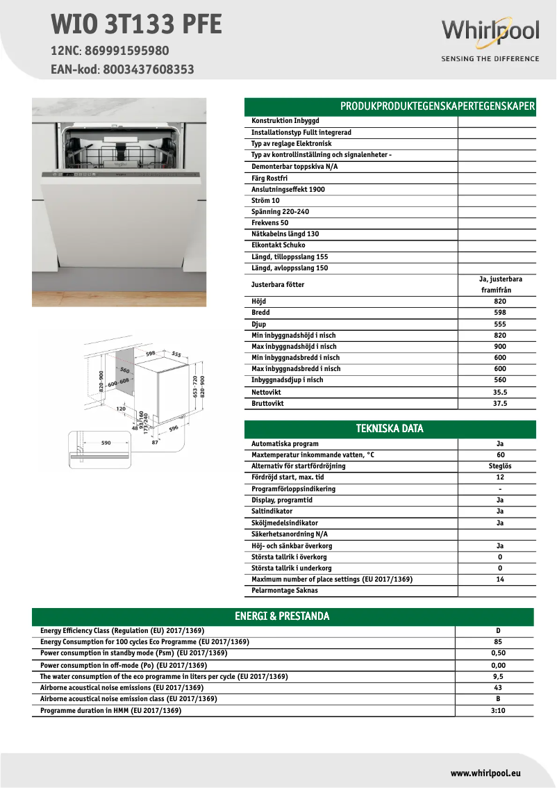 Page 1 de la notice Fiche technique Whirlpool WIO 3T133 PFE