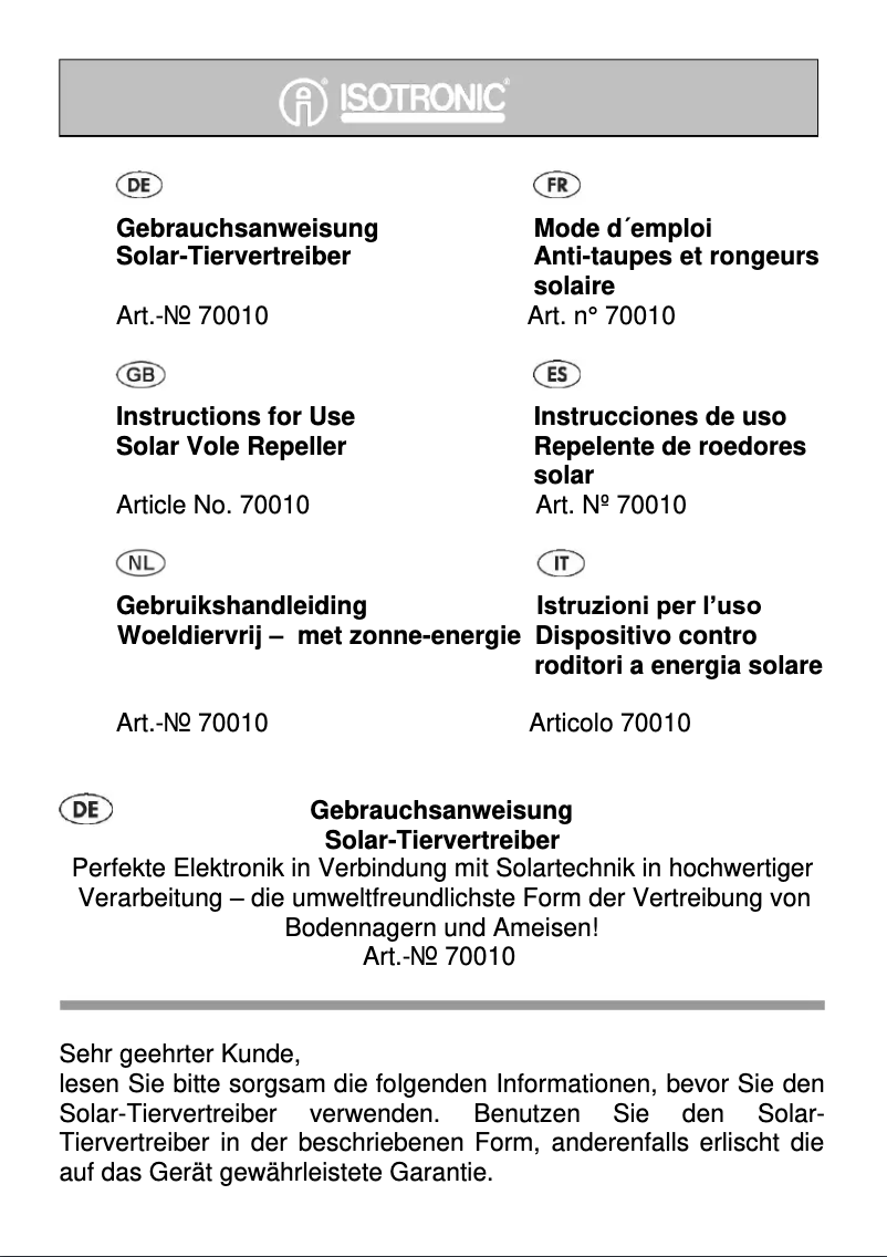 Page n°1 - Manuel utilisateur Isotronic 70010