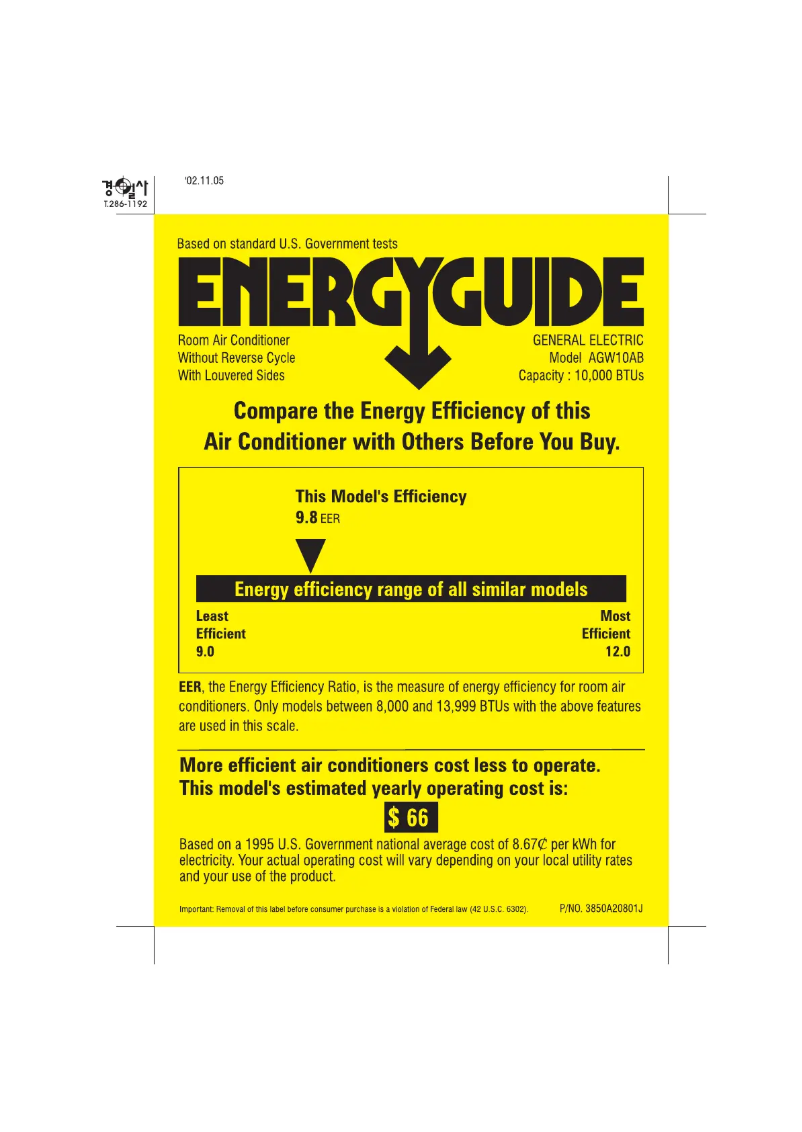 Page 1 de la notice Label énergétique GE AGW10AB
