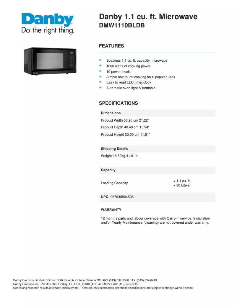 Page 1 de la notice Fiche technique Danby DMW1110BLDB