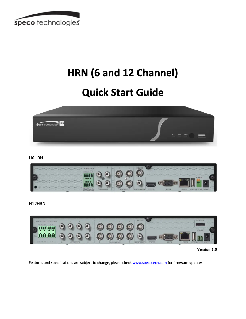 Page 1 de la notice Guide de démarrage rapide Speco Technologies H6HRN