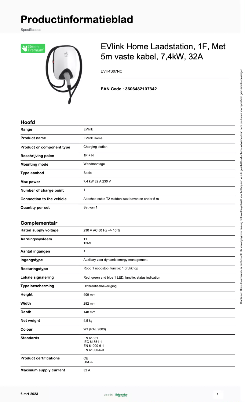 Page 1 de la notice Fiche technique Schneider EVH4S07NC