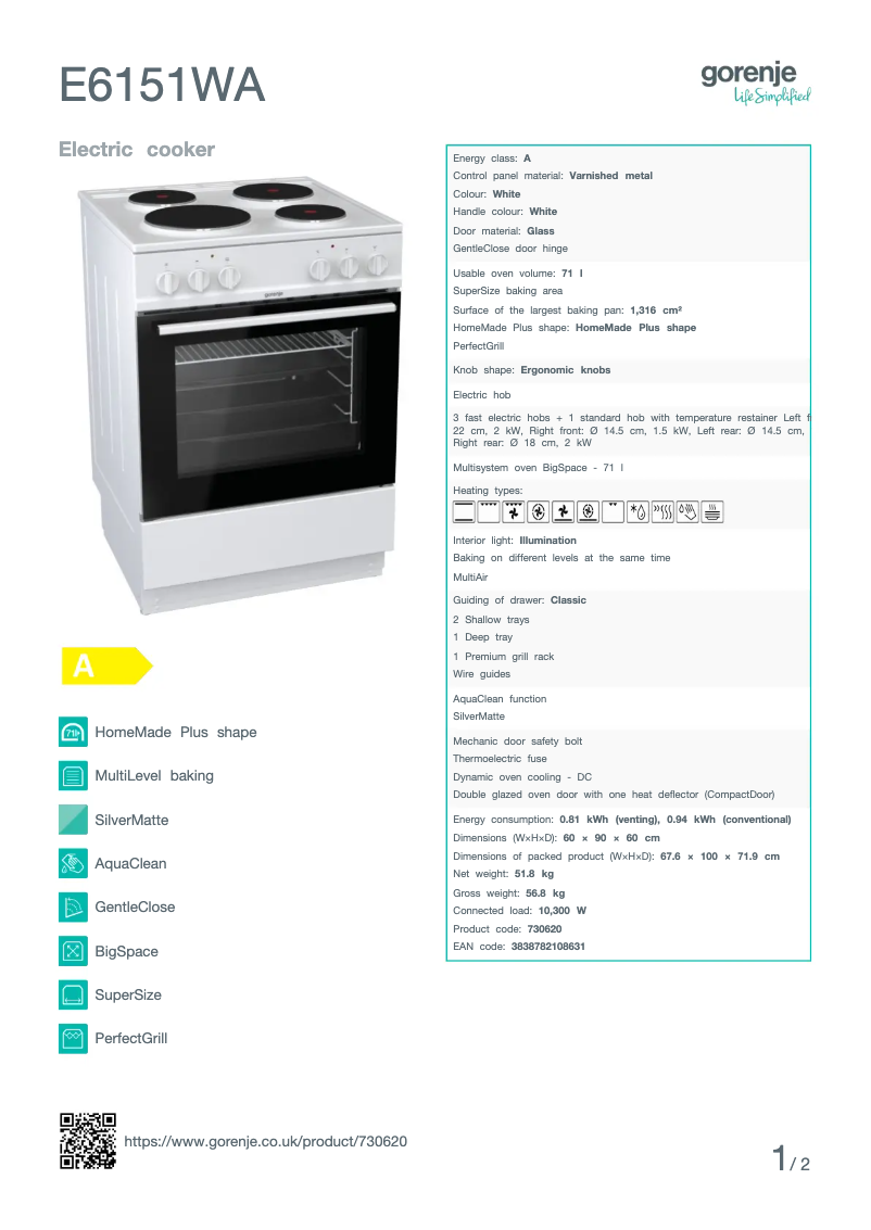 Page n°1 - Fiche technique Gorenje E6151WA