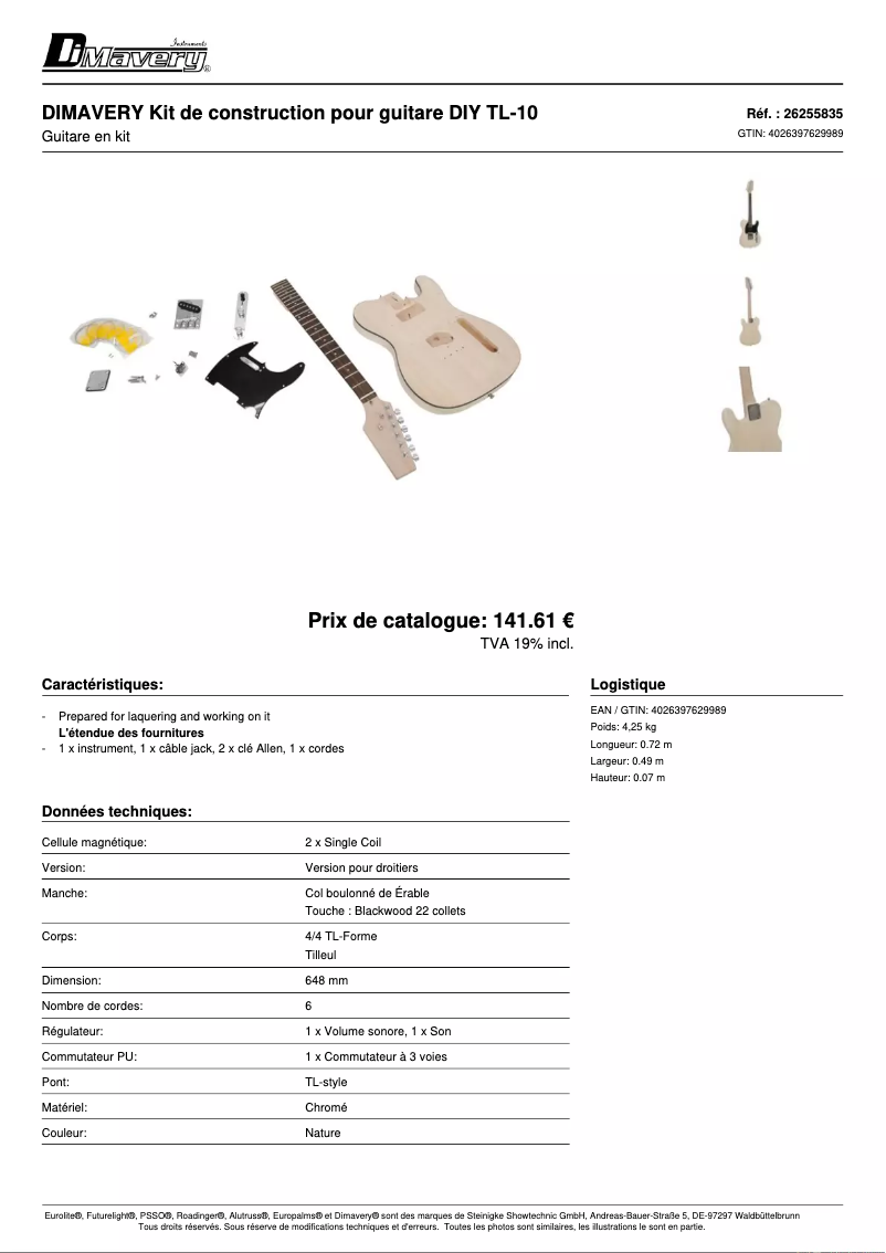 Page 1 de la notice Fiche technique Dimavery DIY TL-10