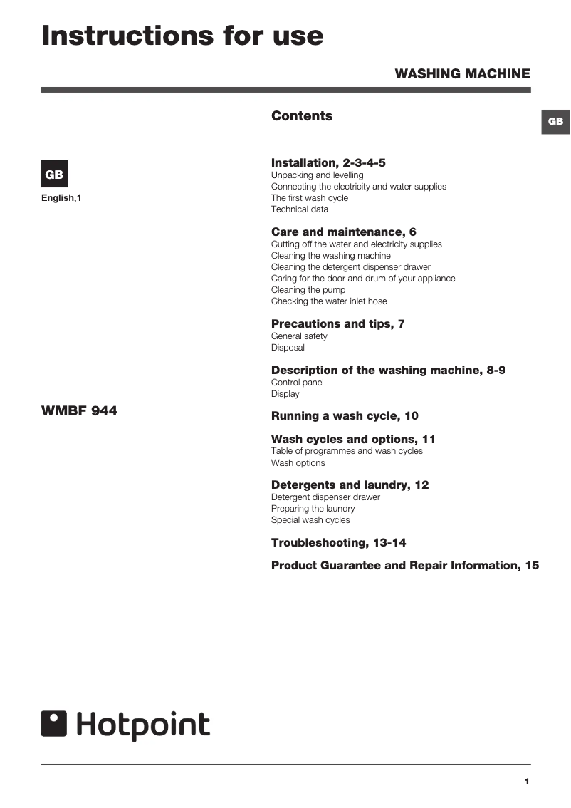 First page image of the manual for WMBF 944