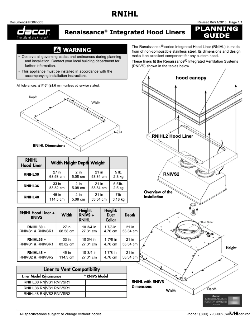 Page 1 de la notice Mode d'emploi Dacor RNIHL36