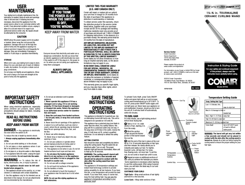 Page 1 de la notice Manuel utilisateur Conair 2016NR