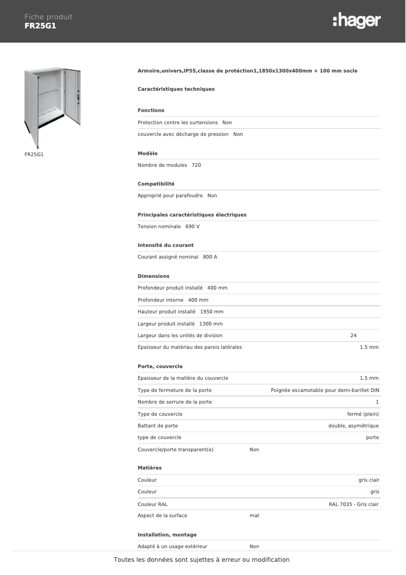 Page n°1 - Fiche technique Hager FR25G1