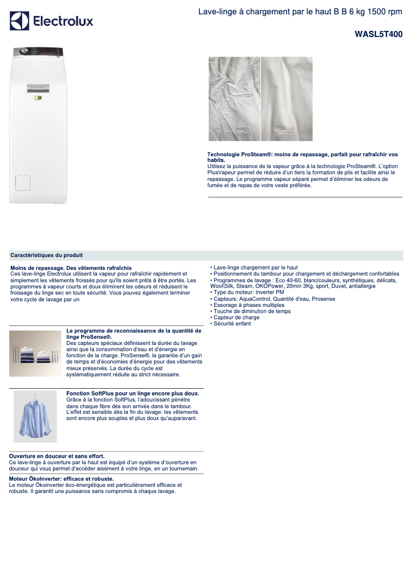 Page 1 de la notice Fiche technique Electrolux WASL5T400