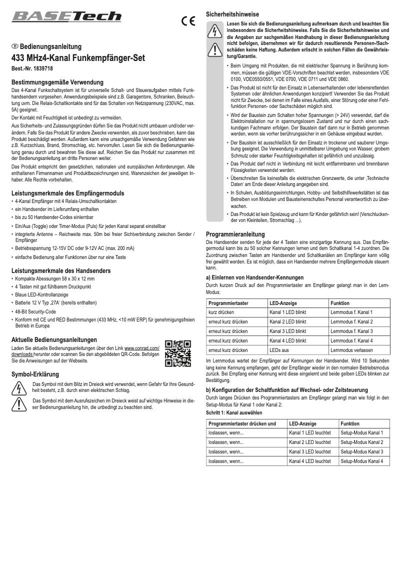 Page 1 de la notice Manuel utilisateur BaseTech BT-1839718