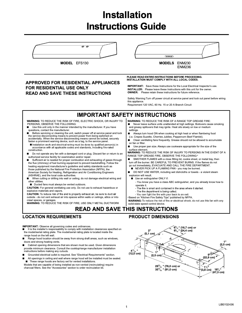 Page 1 de la notice Guide d'installation Elica Fusaro EFS130BL