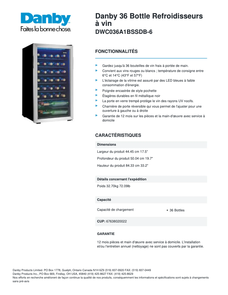 Page n°1 - Fiche technique Danby DWC036A1BSSDB-6