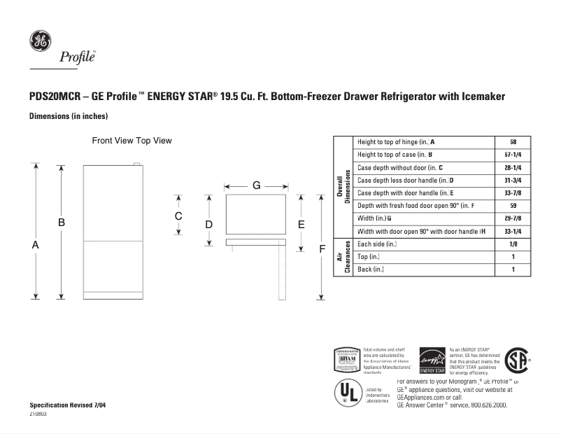Página 1 del manual Ficha técnica GE Profile PDS20MCRCC
