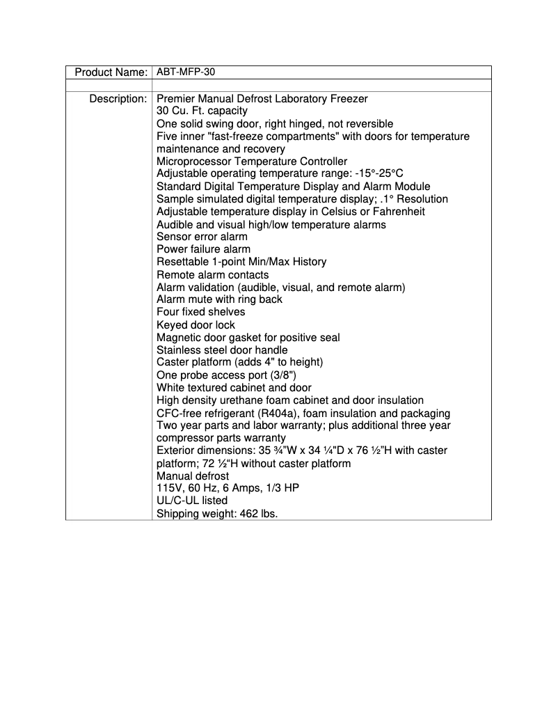 Page 1 de la notice Fiche technique American BioTech Supply ABT-MFP-30