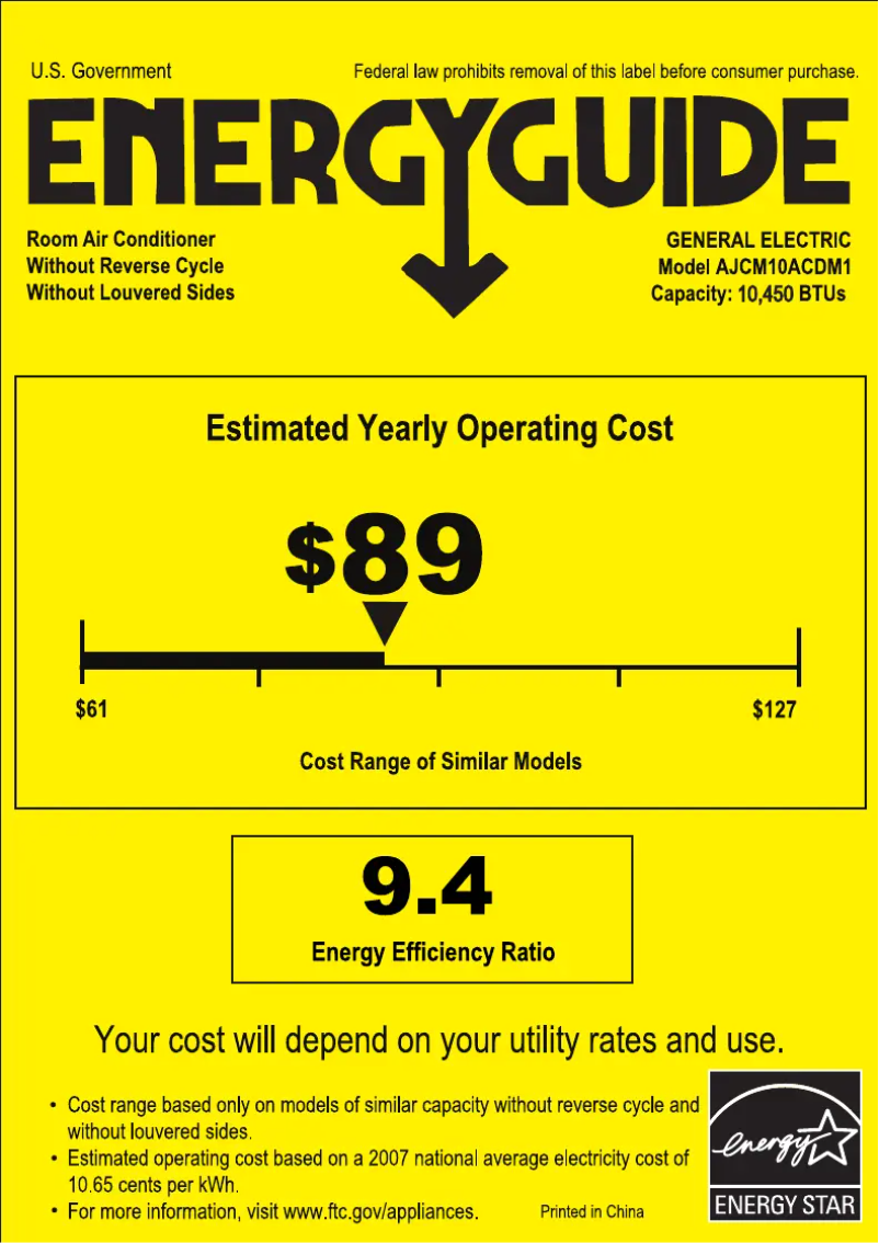 Page n°1 - Label énergétique GE AJCQ10ACD