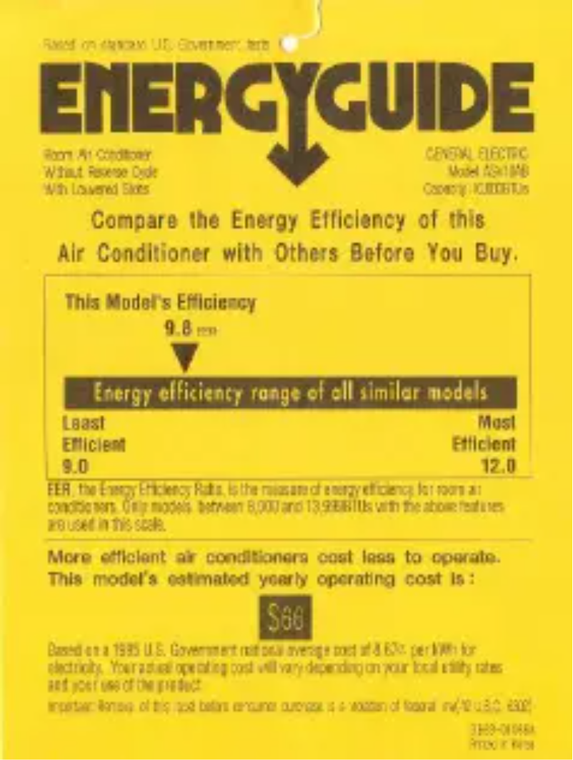Page 1 de la notice Label énergétique GE ASV10AB