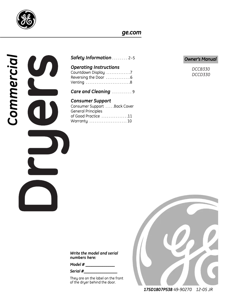 Page n°1 - Manuel d'utilisation et d'entretien GE DCCD330EDWC