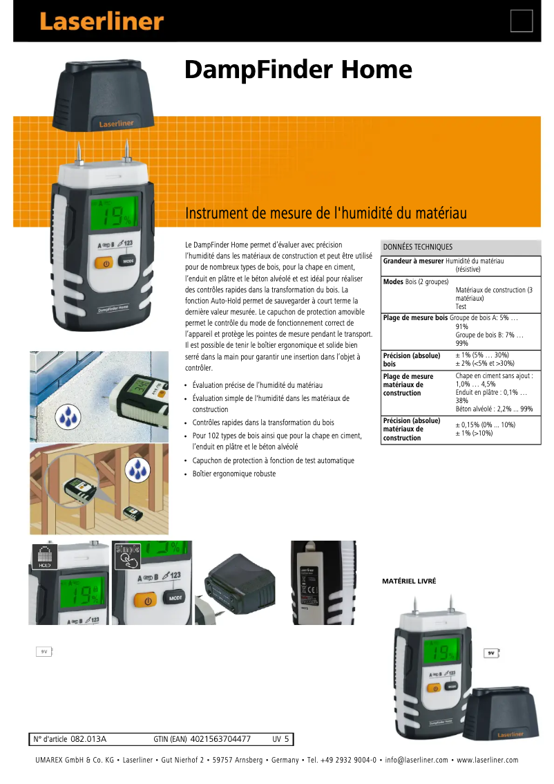 Page 1 de la notice Fiche technique Laserliner DampFinder Home