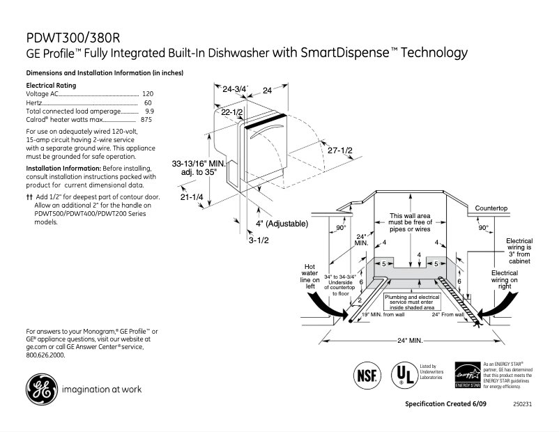 Page 1 de la notice Fiche technique GE Profile PDWT300RBB