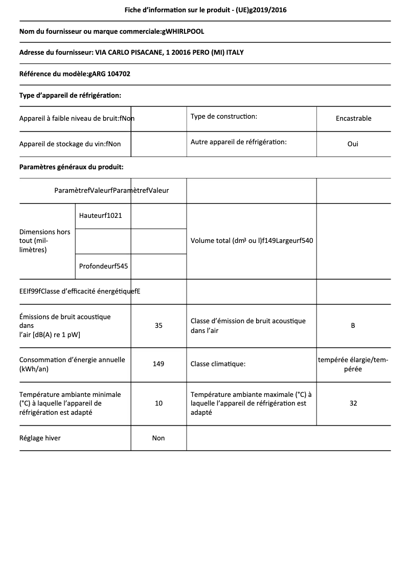 Page 1 de la notice Fiche technique Whirlpool ARG 104702