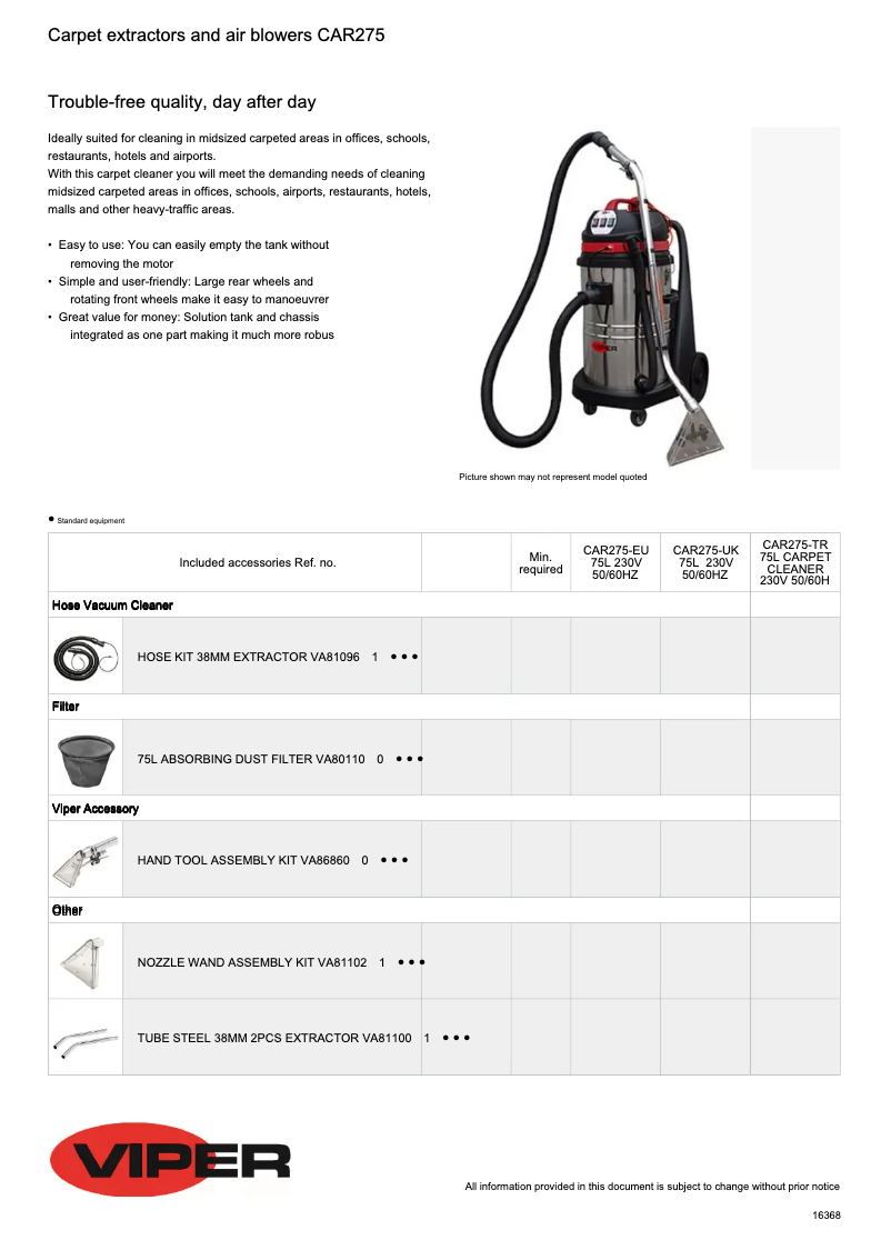 Page 1 de la notice Fiche technique Nilfisk Viper CAR275